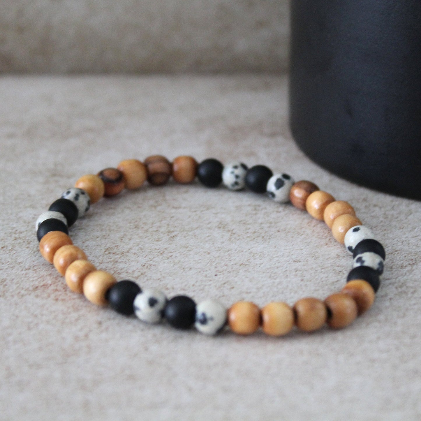 Dalmatian Jasper Protection Bracelet with Olive Wood Beads - Handcrafted Hebrew Unisex Jewelry