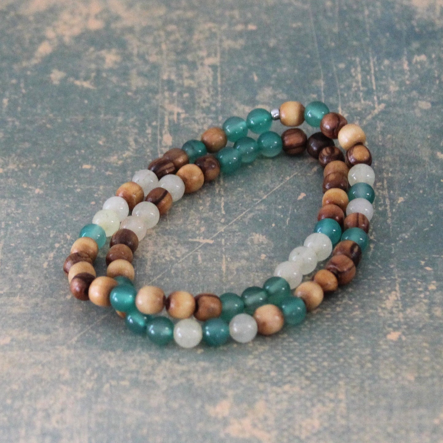Earthy Double-Strand Stretch Bracelet, Olive Wood & Mix of White and Green Jade Beads