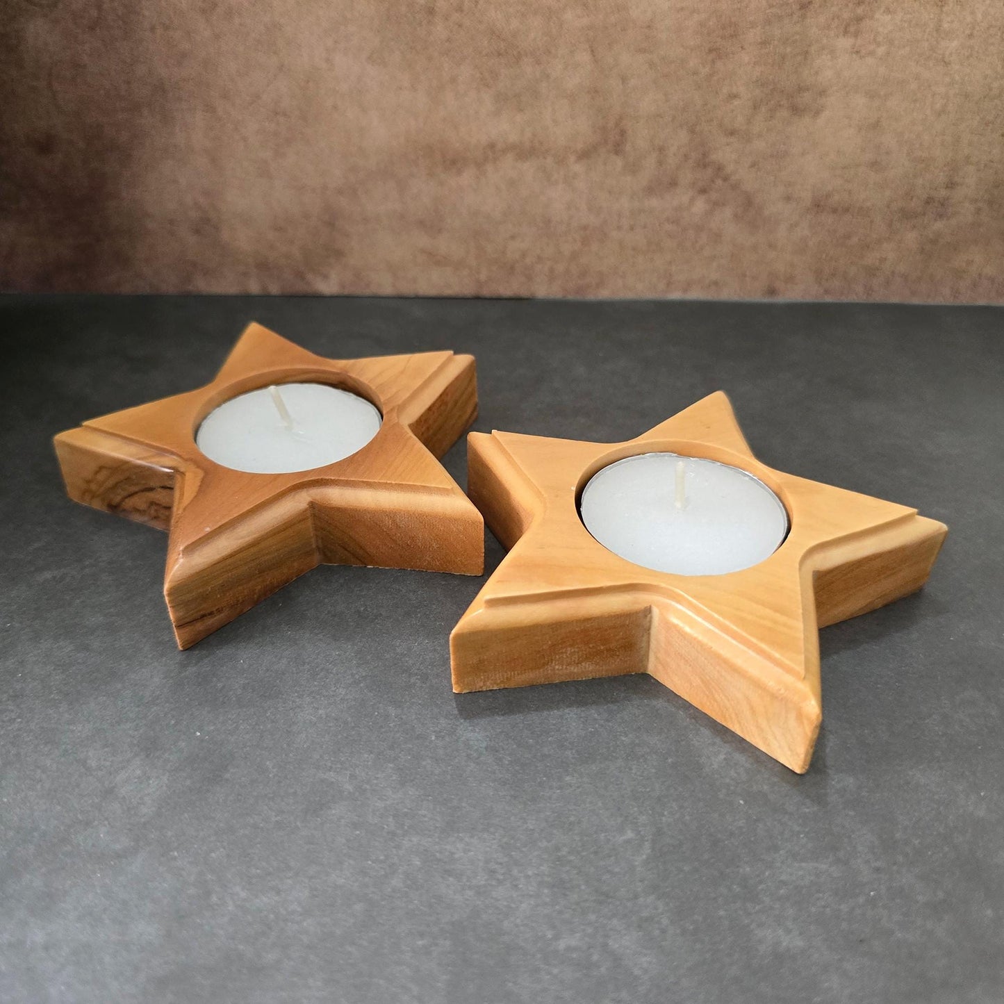 Pair or Handmade 5 Point Star Tealight Holders, Wooden Candle Holders, Hand Crafted Olive Wood Candle Holders, Hand Made Gift Home Decor