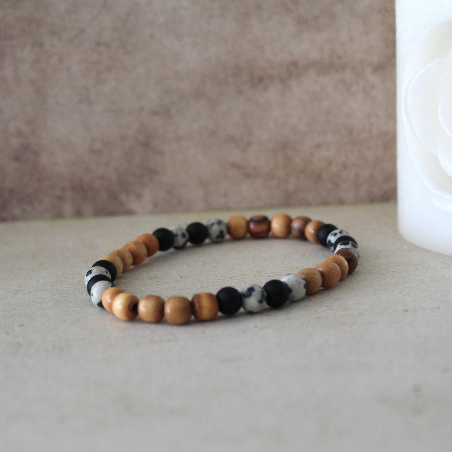 Dalmatian Jasper Protection Bracelet with Olive Wood Beads - Handcrafted Hebrew Unisex Jewelry