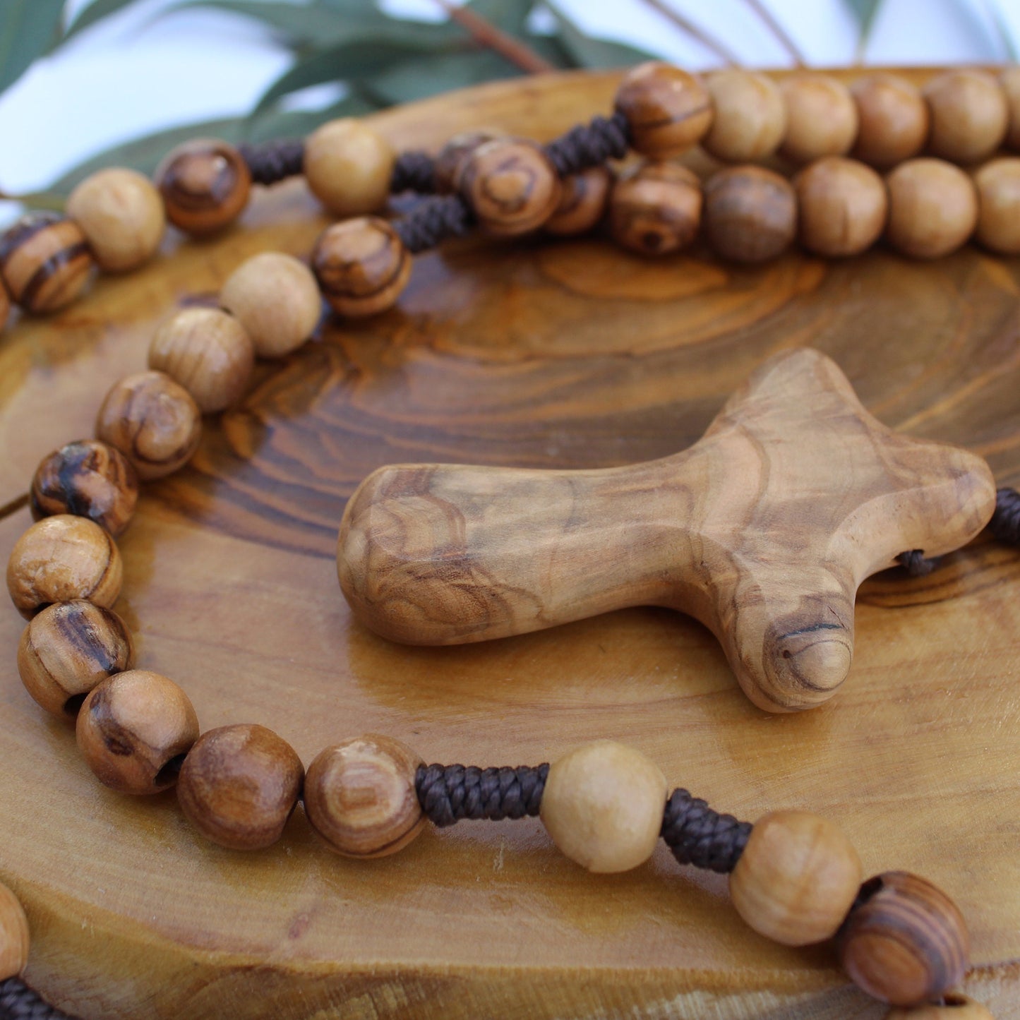 Get Two 9-10mm Beads, Olive Wood Cross Beaded Necklace, Handmade Smooth Round Prayer Beads, Holy Land Gift for Her, Rosary Necklace