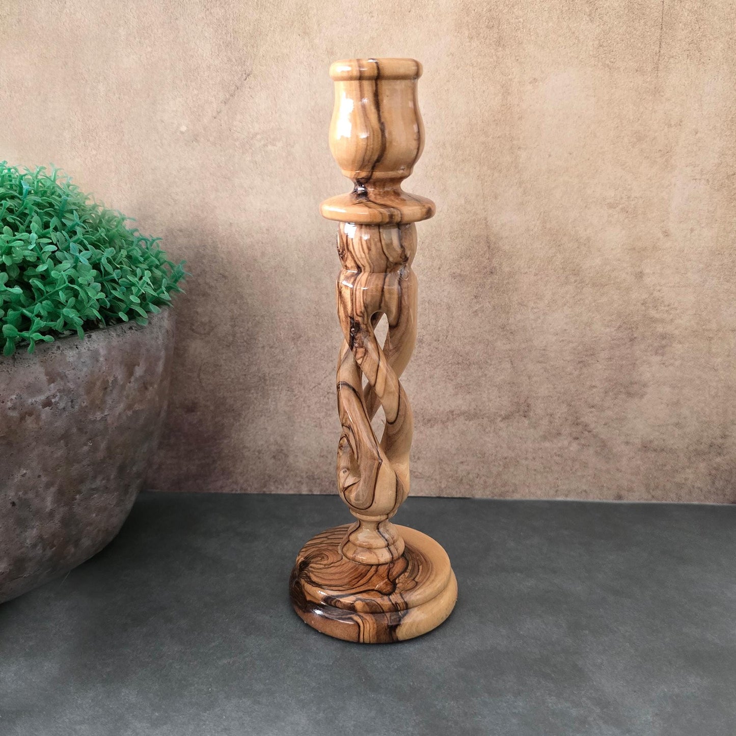 9" Exquisite Olive Wood Spiral Candle Stands, Handcrafted in Israel - Rustic Wooden Candle Holder, Elegant Candlestick Holder