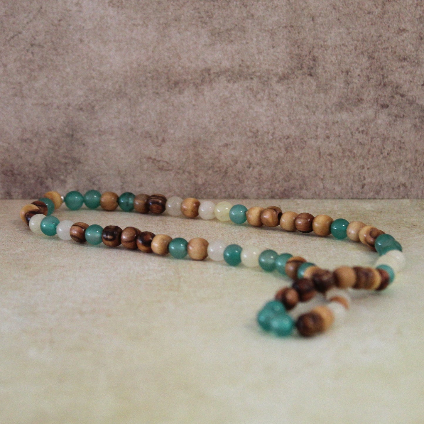 Earthy Double-Strand Stretch Bracelet, Olive Wood & Mix of White and Green Jade Beads
