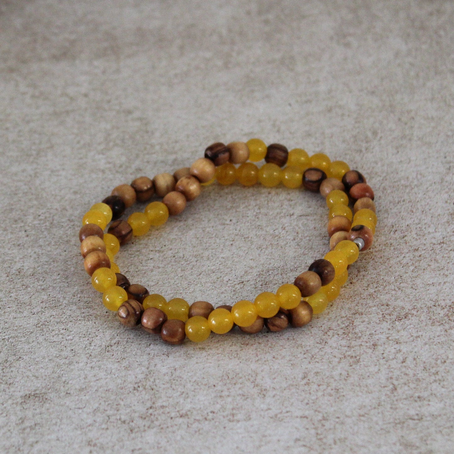 Earthy Double-Strand Stretch Bracelet, Olive Wood and yellow Jade Beads