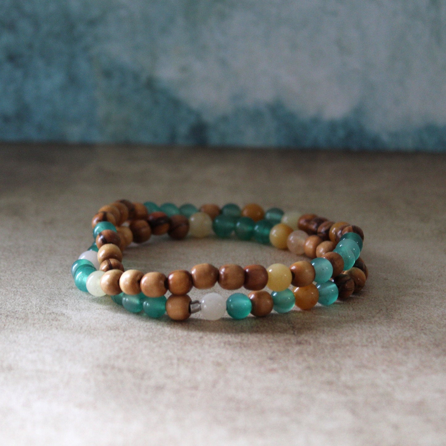 Earthy Double-Strand Stretch Bracelet, Olive Wood & A Beautiful Combination of Jade Beads