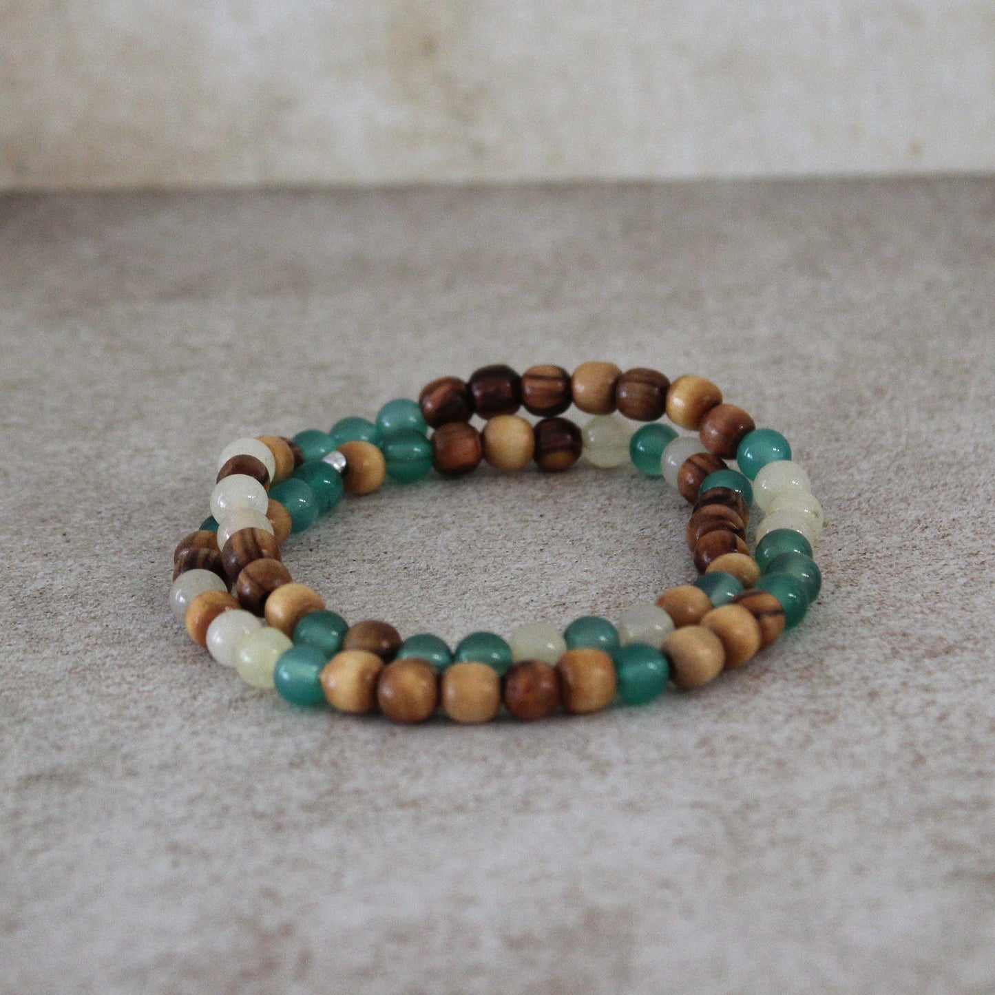 Earthy Double-Strand Stretch Bracelet, Olive Wood & Mix of White and Green Jade Beads