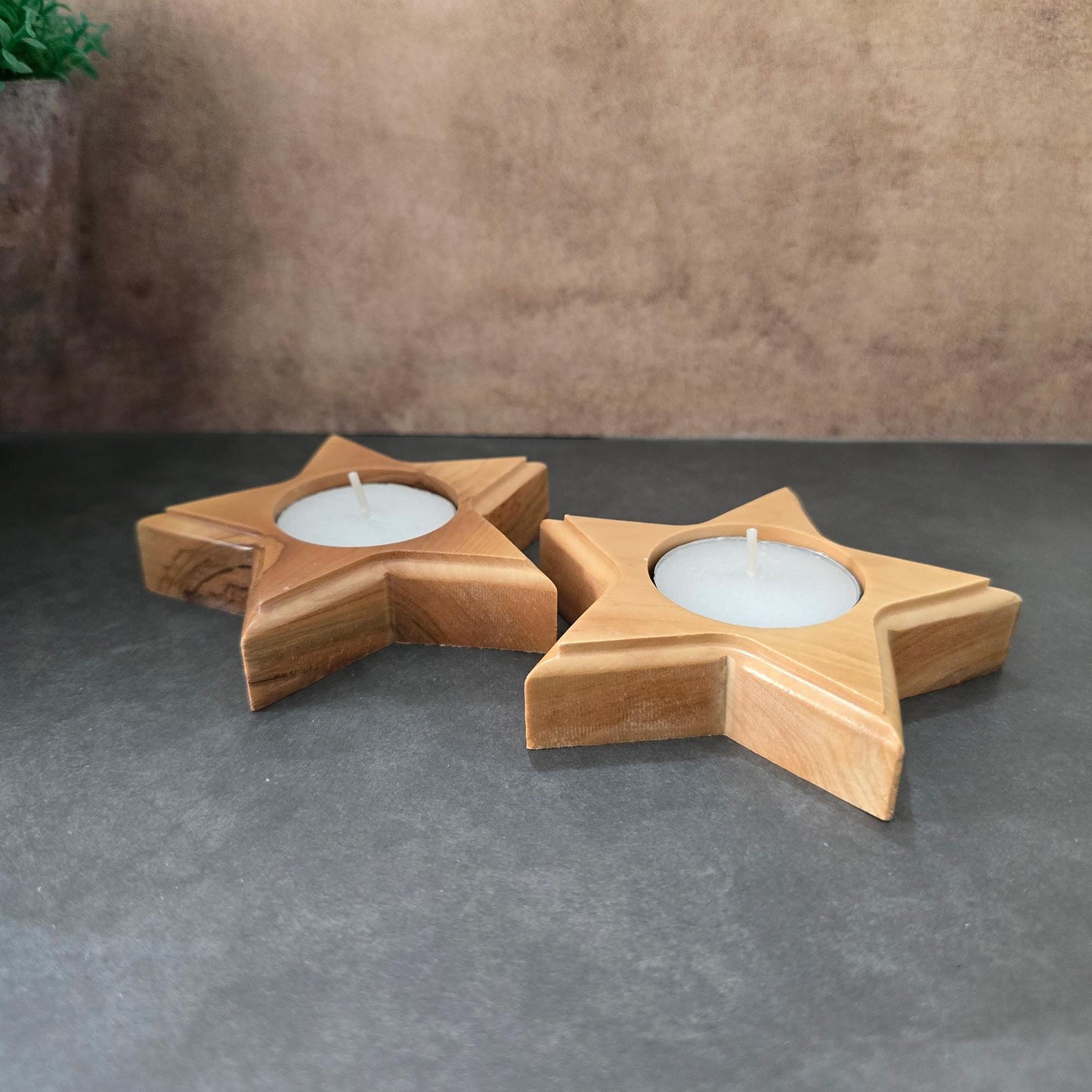 Pair or Handmade 5 Point Star Tealight Holders, Wooden Candle Holders, Hand Crafted Olive Wood Candle Holders, Hand Made Gift Home Decor