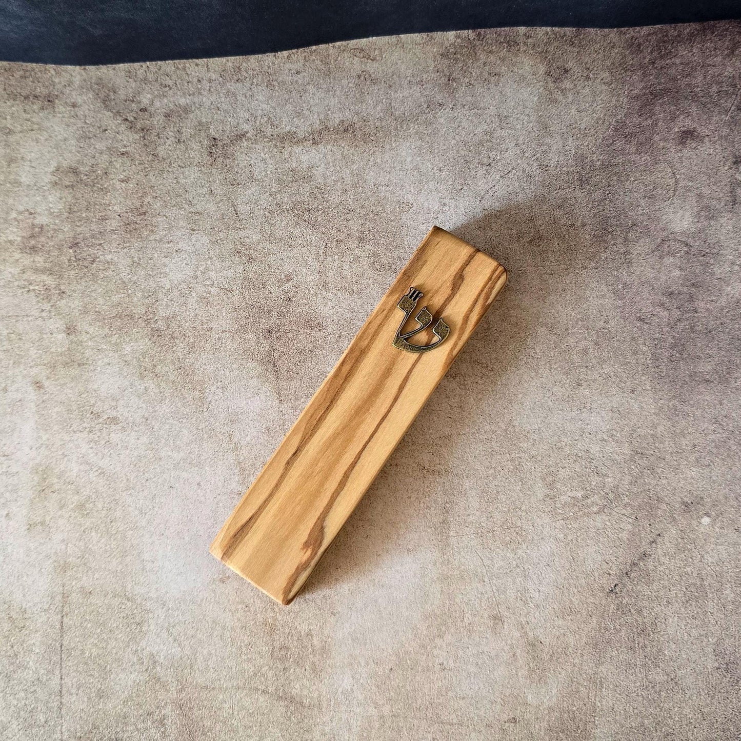 4.7" / 12cm Olive Wood Mezuzah Cases With the Letter Shin in Bronze, Jewish Mezuzah, Jewish Home Gifts, Religious Gift