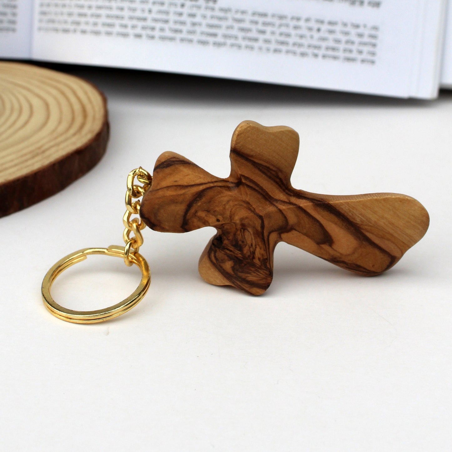 Two Olive Wood Cross Keychains - Christian Keychain Carved Made in Jerusalem Holy Land, Authentic Hand Made Olive Wood Cross Unique Keychain