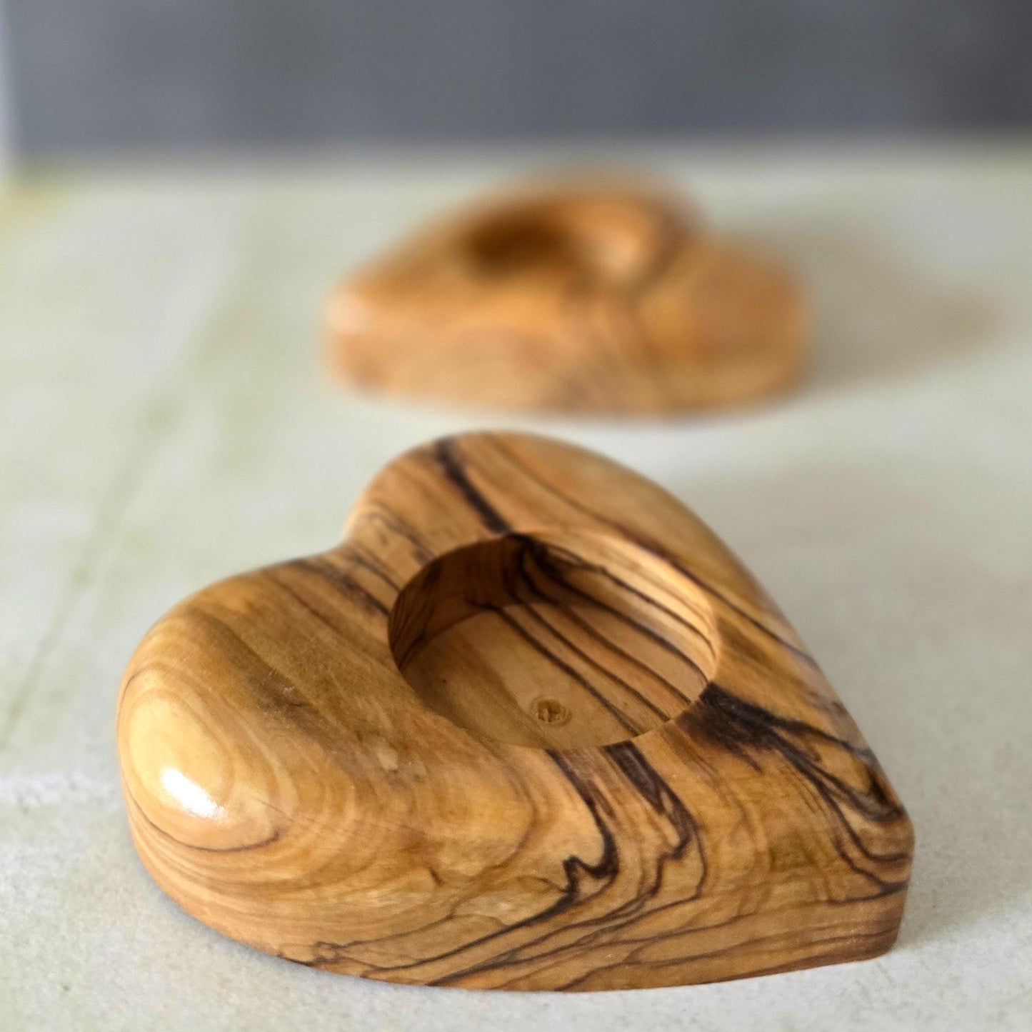 Get 2 Hearts Shape Tealight, Handmade Wooden Candle Holder From Olive Wood, Hand Carved Tealight Holder, Handmade in the Holyland Jerusalem