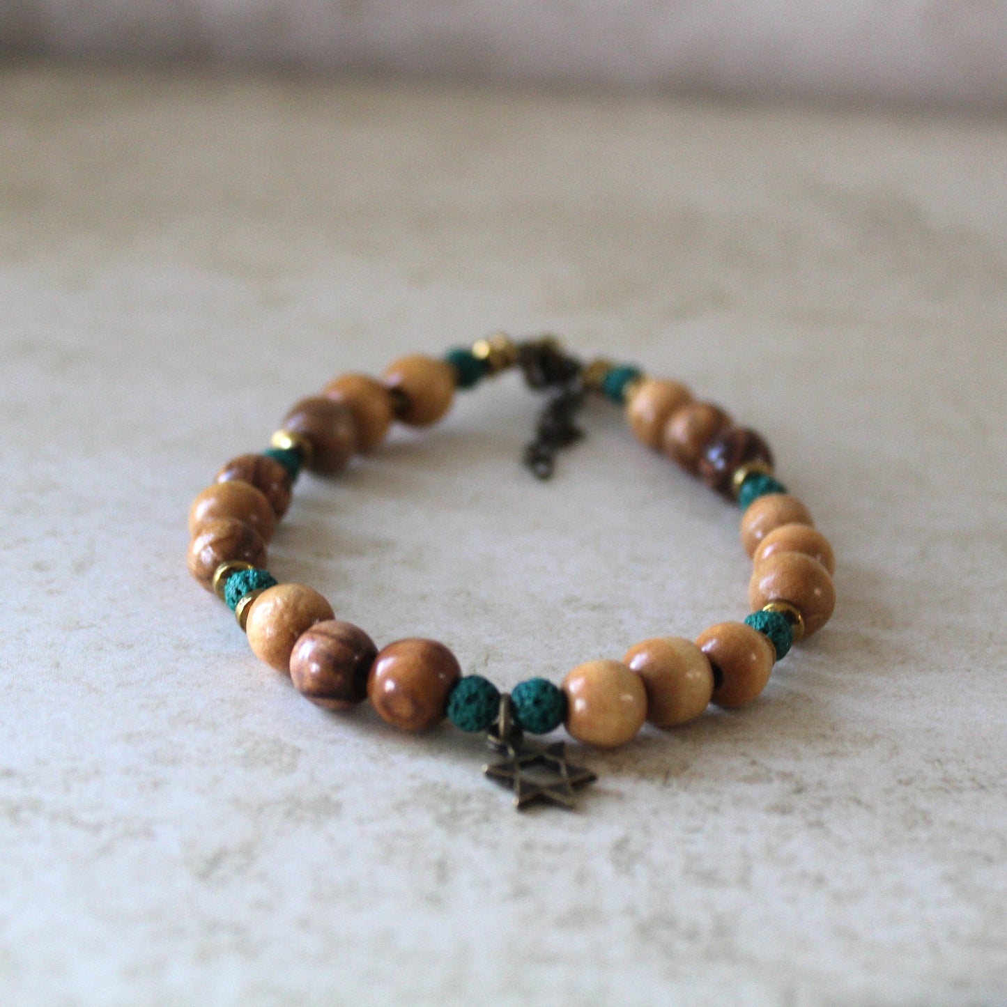 Olive Beads Healing Bracelet with Star of David - Turquoise Lava Beaded Bracelet - Green Lava Stone Protective Bracelet