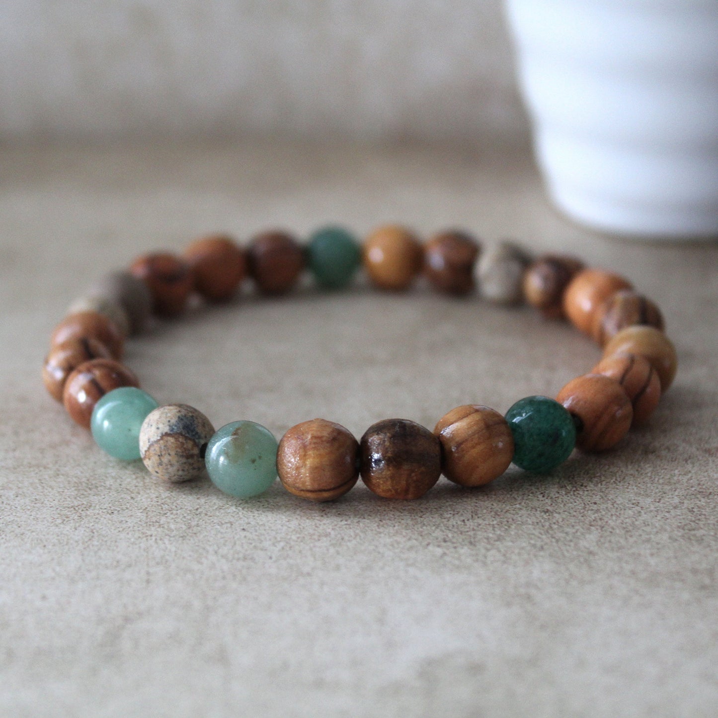 Olive Wood and Jasper Earthy Stretch Bracelet with Greenish Jade Beads - Handcrafted Judaica Jewelry from Israel