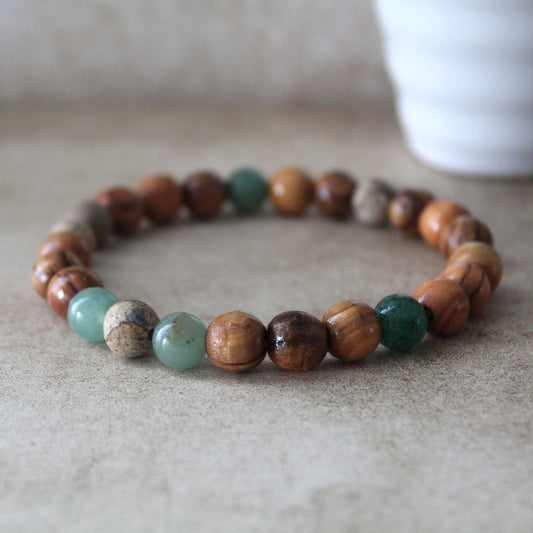 Olive Wood and Jasper Earthy Stretch Bracelet with Greenish Jade Beads - Handcrafted Judaica Jewelry from Israel