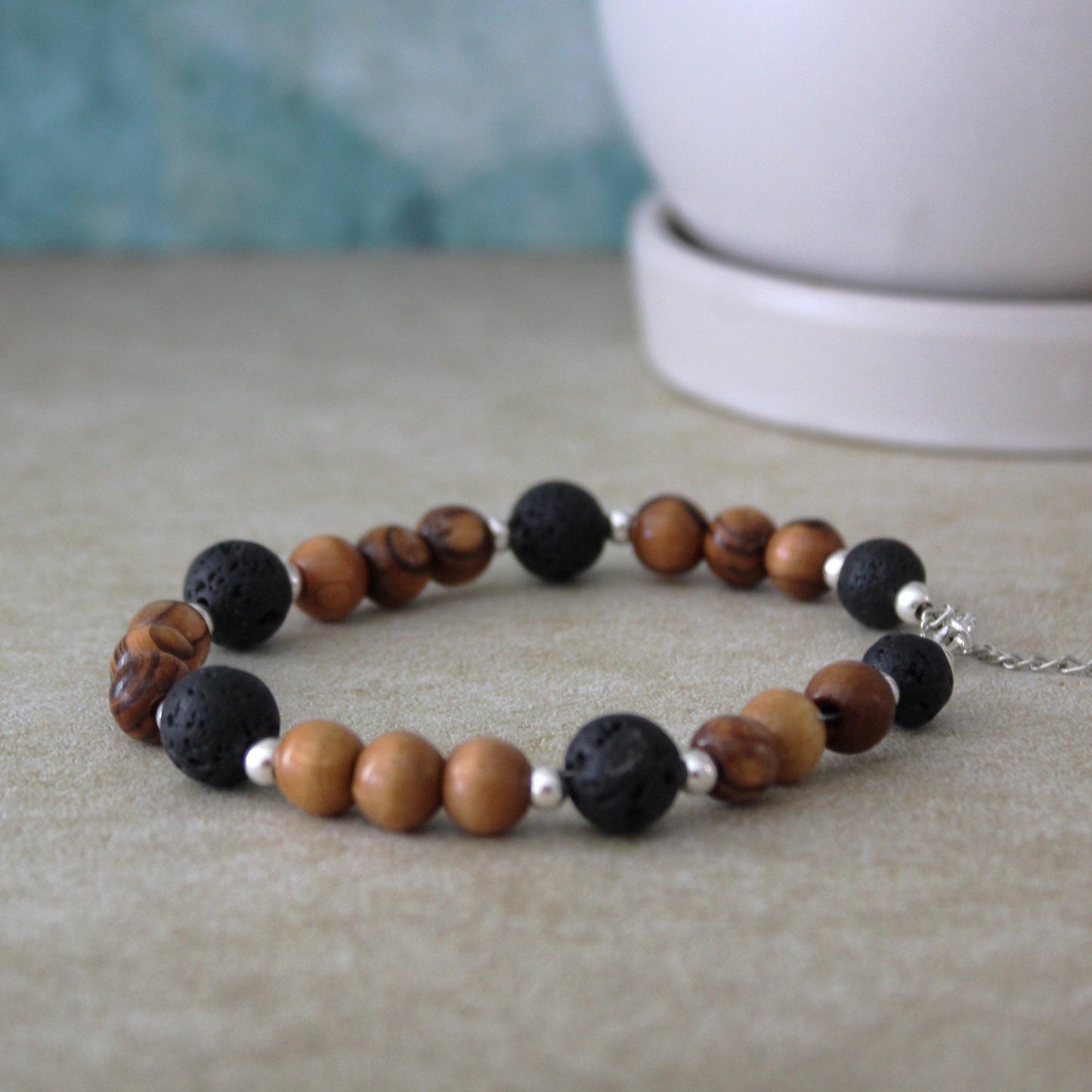 Olive Wood Beads & Black Volcanic Lava Stone Bracelet with Sterling Silver Accents - Handcrafted Statement Jewelry