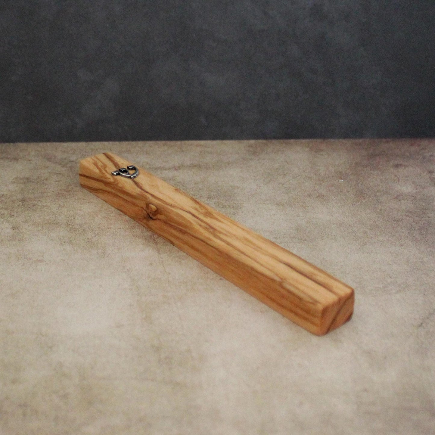 17cm / 6.69" Olive Wood Mezuzah Case from Jerusalem With the Letter "SHIN" in Silver, Gift for Jewish Housewarming, Scroll Up to 15cm / 5.9"