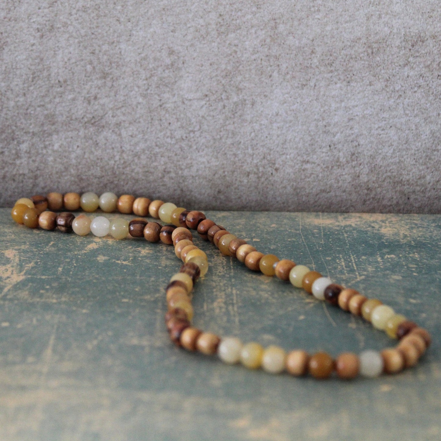 Earthy Double-Strand Stretch Bracelet, Olive Wood, and Yellowish Jade Beads