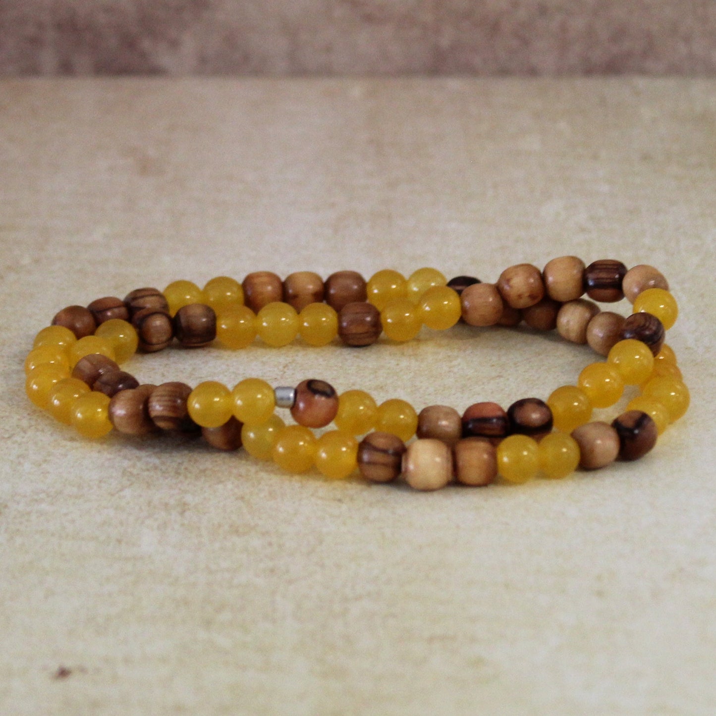 Earthy Double-Strand Stretch Bracelet, Olive Wood and yellow Jade Beads