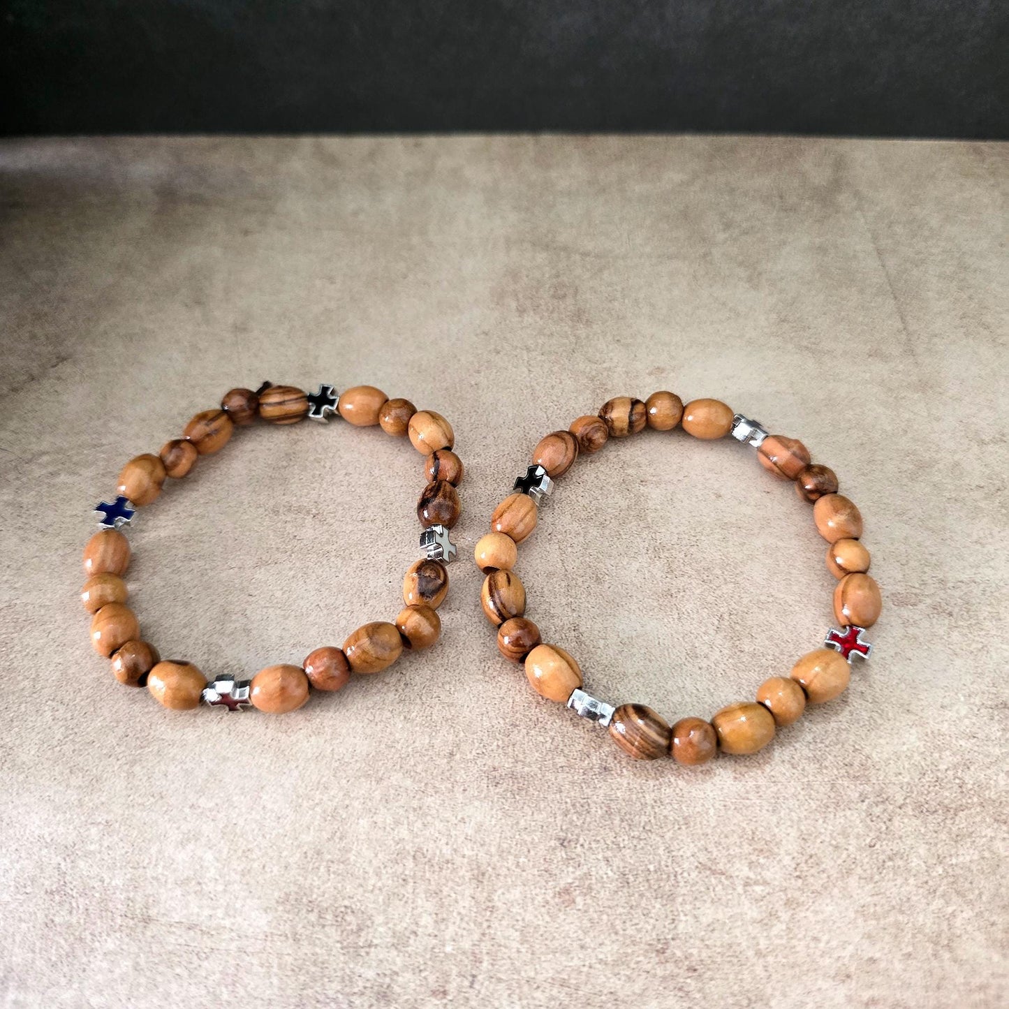 Get Two Olive Wood Handmade Beads Bracelet, Colorful Icons of Crosses, Made in the Holy Land Jerusalem