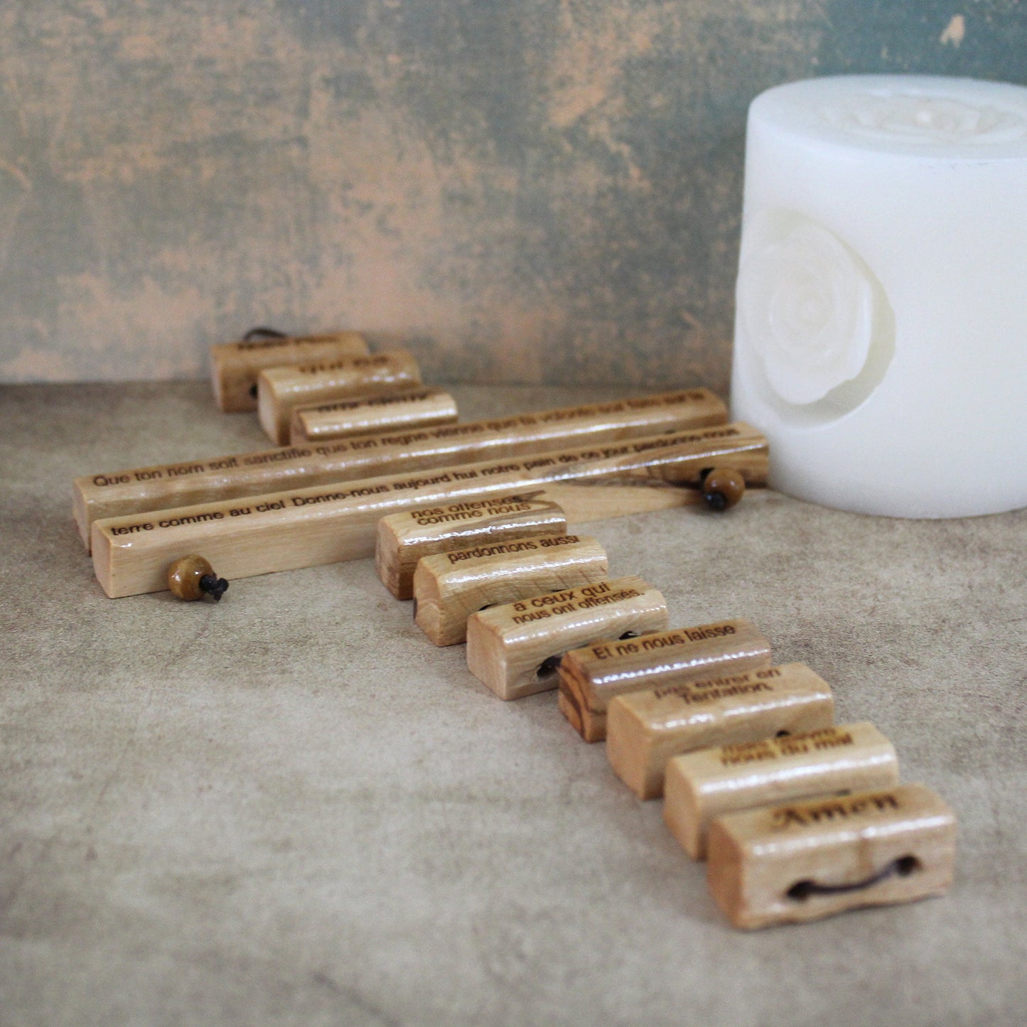 Our Father Prayer in French Engraved, Handmade Olive Wood Cross Wall Hanging, Wooden Blessing Cross for Wedding and Anniversary Gift