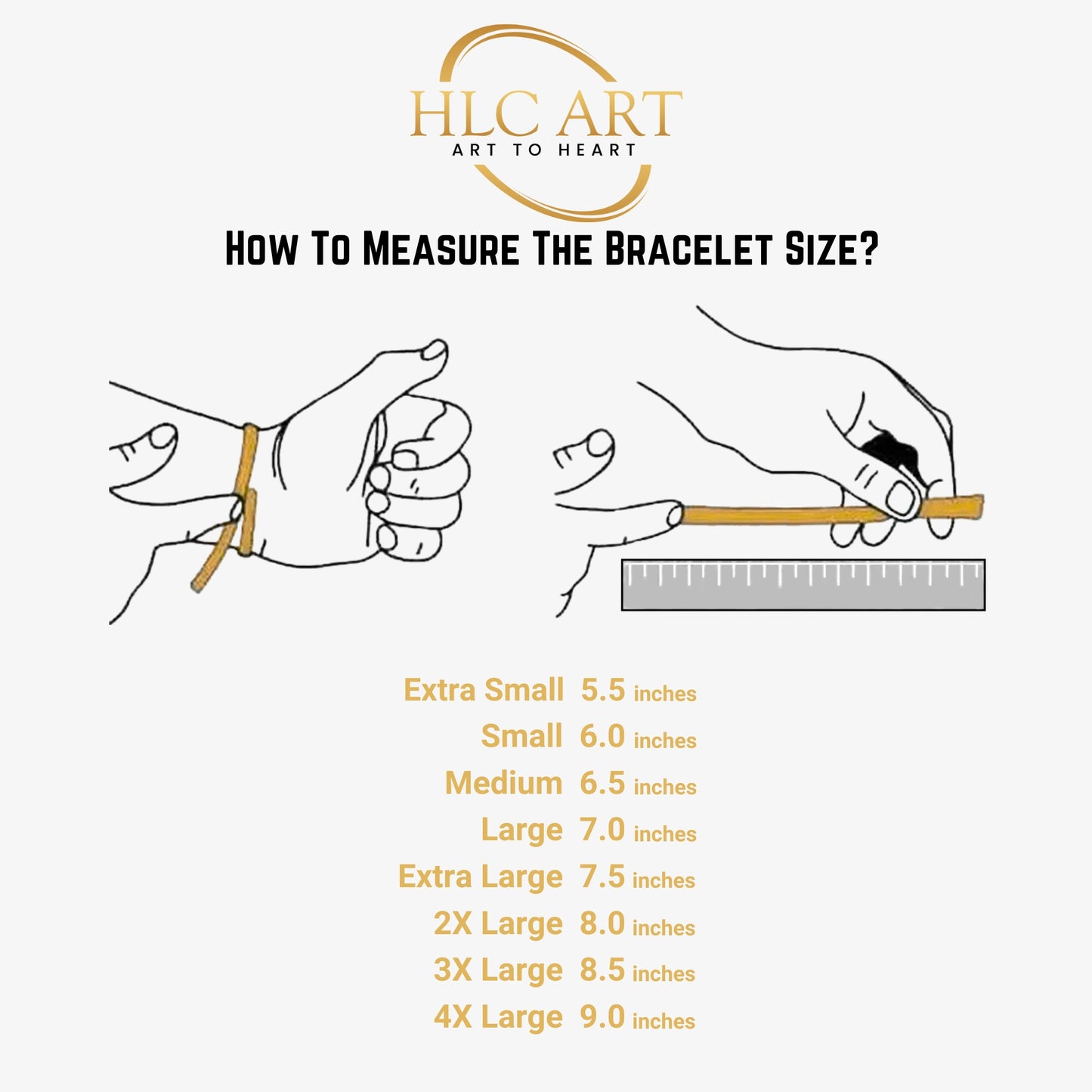 The image is a visual guide on how to measure the bracelet size, with illustrations of hands wearing different bracelet sizes and a ruler for scale.