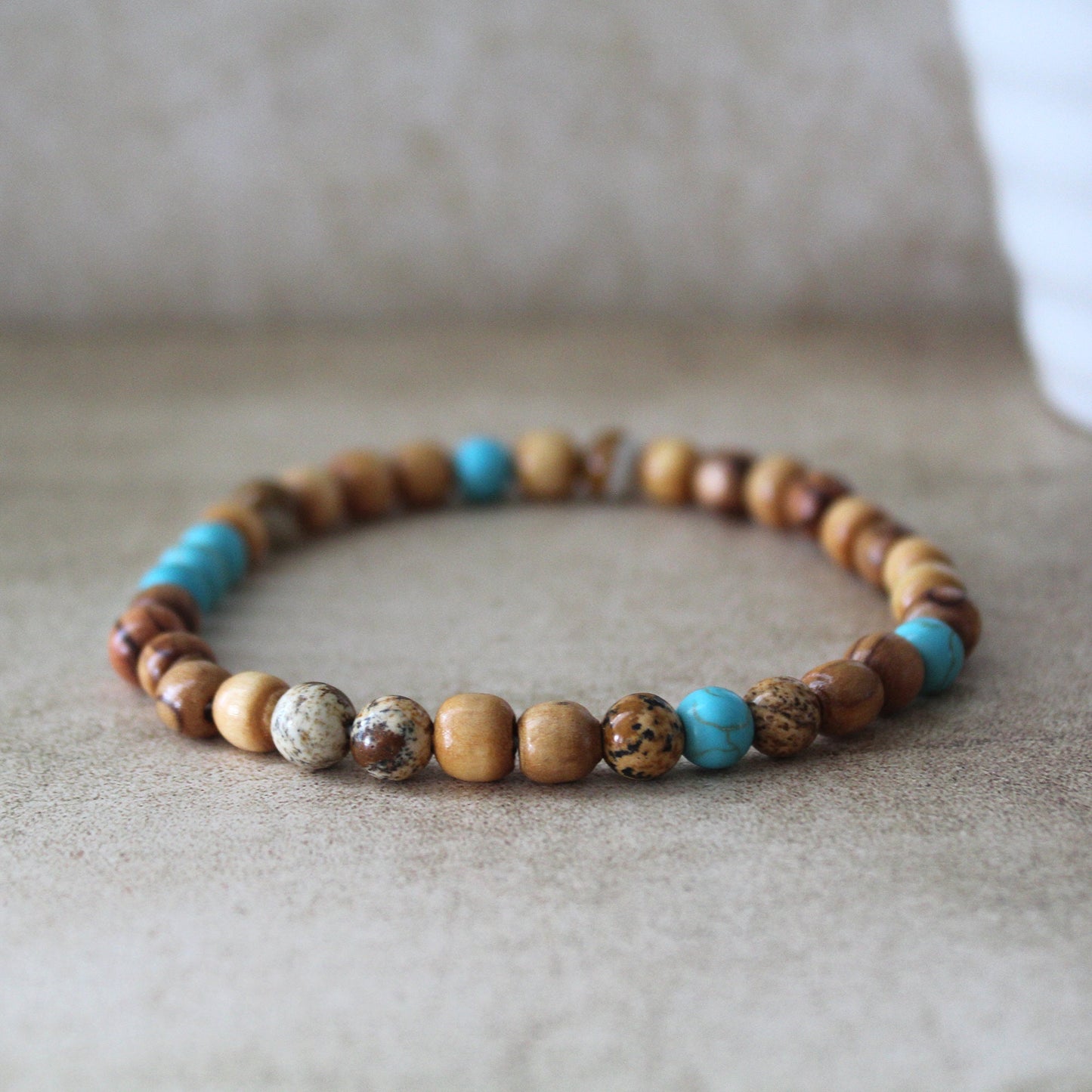 Olive Wood and Jasper and Crystal Bead Stretch Bracelet - Handcrafted Hebrew Jewelry from Israel