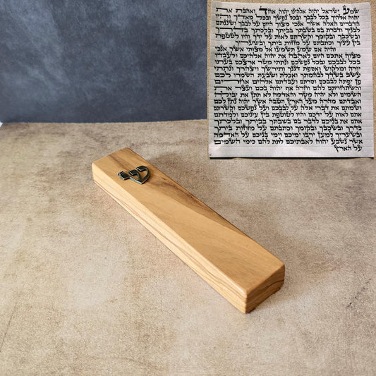 6.7" / 17cm Handcrafted Olive Wood Mezuzah With Scroll & Bronze Shin Detail - Sacred Jewish Home Protection - Rosh Hashanah Gift