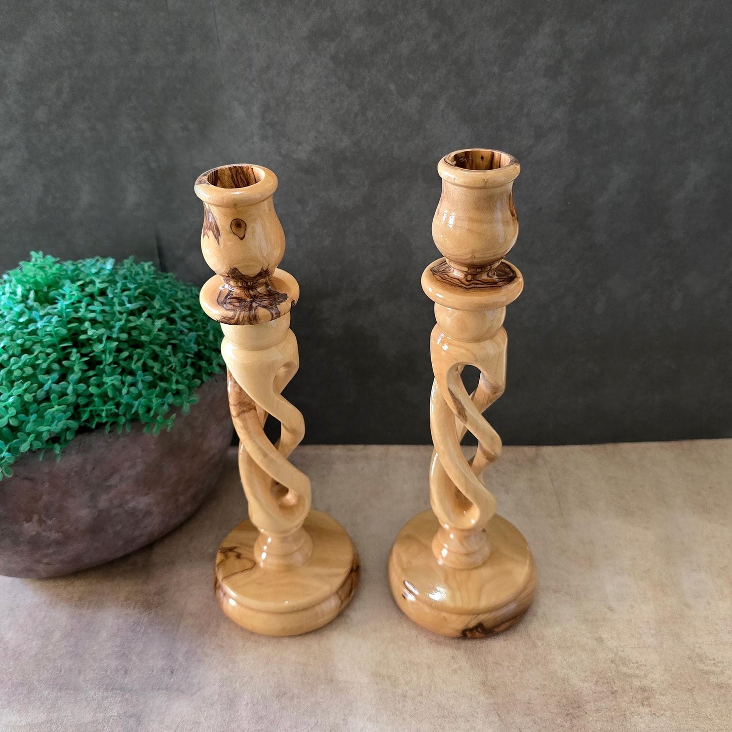 Pair of 9" Olive Wood Candle Holders, Table Decoration, Candlesticks, Wedding Candles Holders, Candle Centerpieces