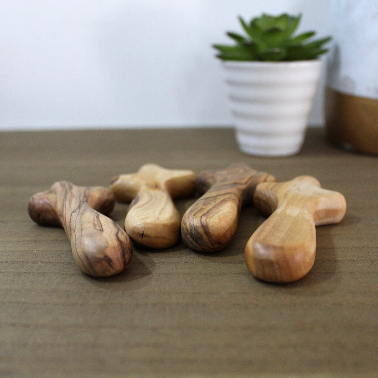 Bundle of 4 Handmade Comfort Crosses Also Called Palm Cross Made From Olive Wood in the Holy Land. Hand Carved Olive Wood Holding Crosses