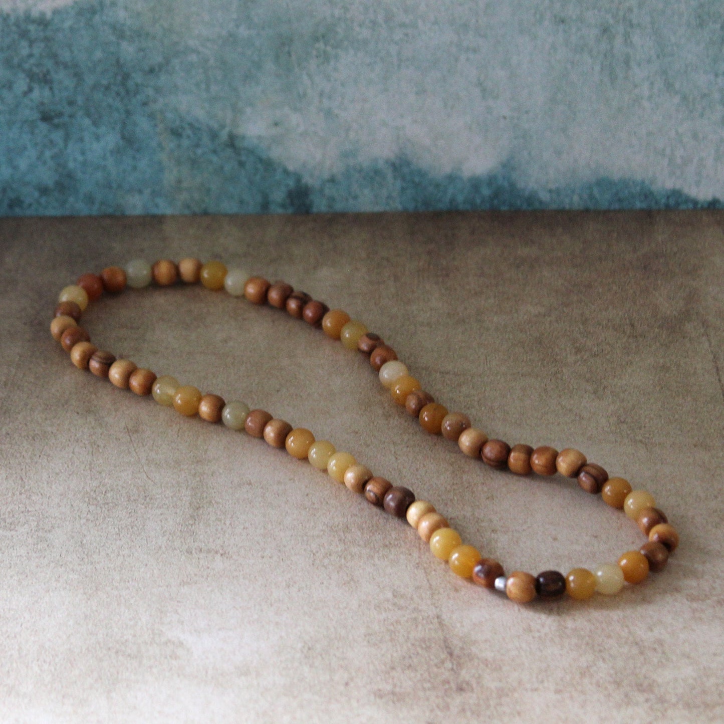 Earthy Double-Strand Stretch Bracelet, Olive Wood, and Yellowish Jade Beads