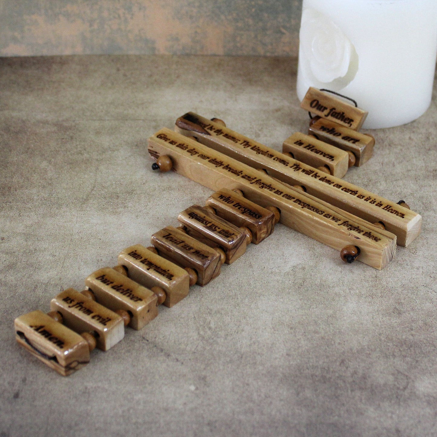 Handmade Olive Wood Cross of The Lord's Prayer, Our Father Lord's Prayer engraved, Wooden Crucifix from the Holy Land