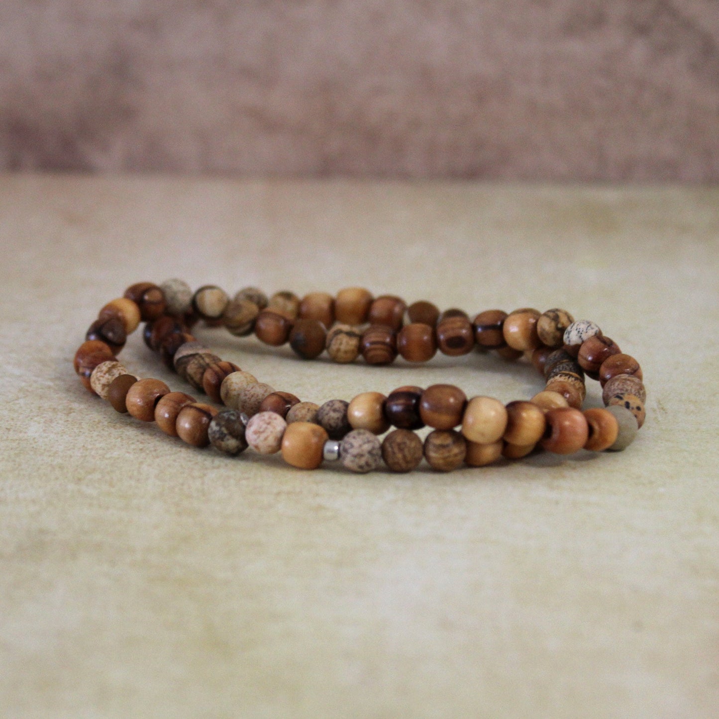 Earthy Double-Strand Stretch Bracelet Made With Jasper and Olive Wood