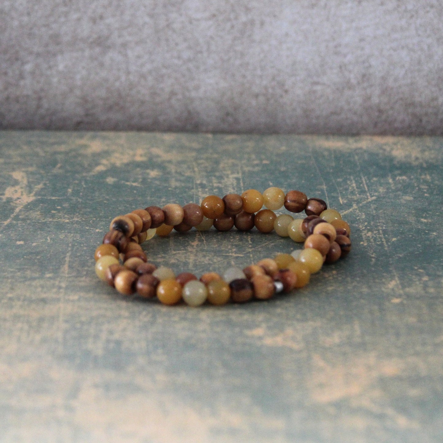 Earthy Double-Strand Stretch Bracelet, Olive Wood, and Yellowish Jade Beads