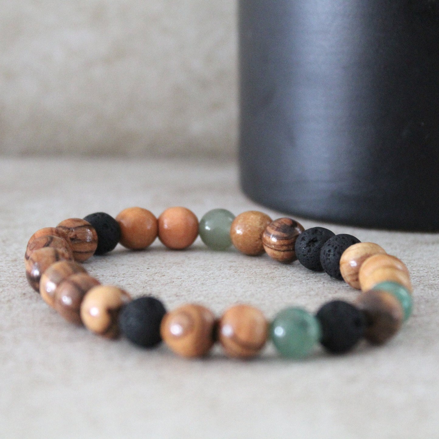 Greenish Jade and Olive Wood Earthy Stretch Bracelet with Black Lava Beads - Handcrafted Judaica Jewelry from Israel