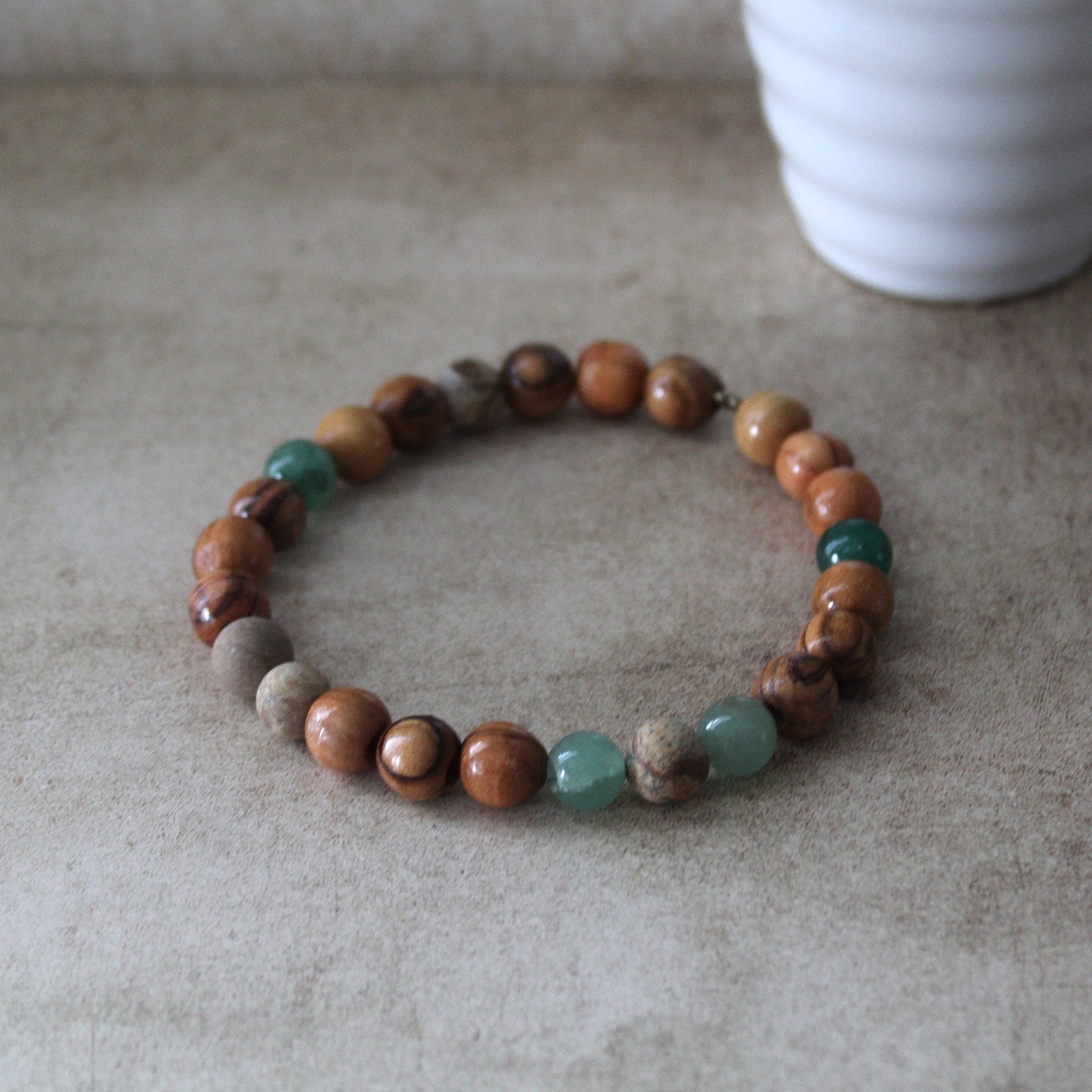Olive Wood and Jasper Earthy Stretch Bracelet with Greenish Jade Beads - Handcrafted Judaica Jewelry from Israel