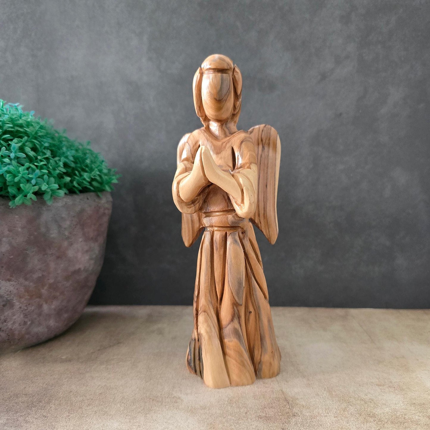 Handmade Olive Wood of a Faceless Praying Angel, Handmade Wooden Statue Made in Holy Land, Catholic Christmas Handheld Angel for protection