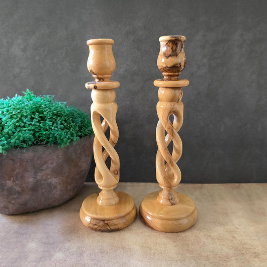 Pair of 9" Olive Wood Candle Holders, Table Decoration, Candlesticks, Wedding Candles Holders, Candle Centerpieces