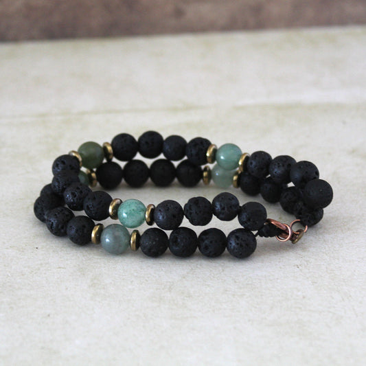 Men’s Double Bracelet Black Bracelet Lava Stone and Green Jade Bracelet Gemstone Bracelet Onyx Bracelet Beaded Bracelet Black Bracelet