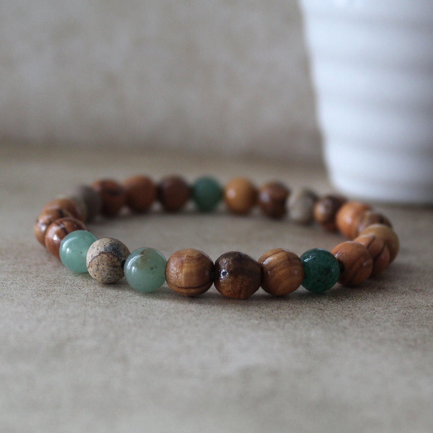 Olive Wood and Jasper Earthy Stretch Bracelet with Greenish Jade Beads - Handcrafted Judaica Jewelry from Israel
