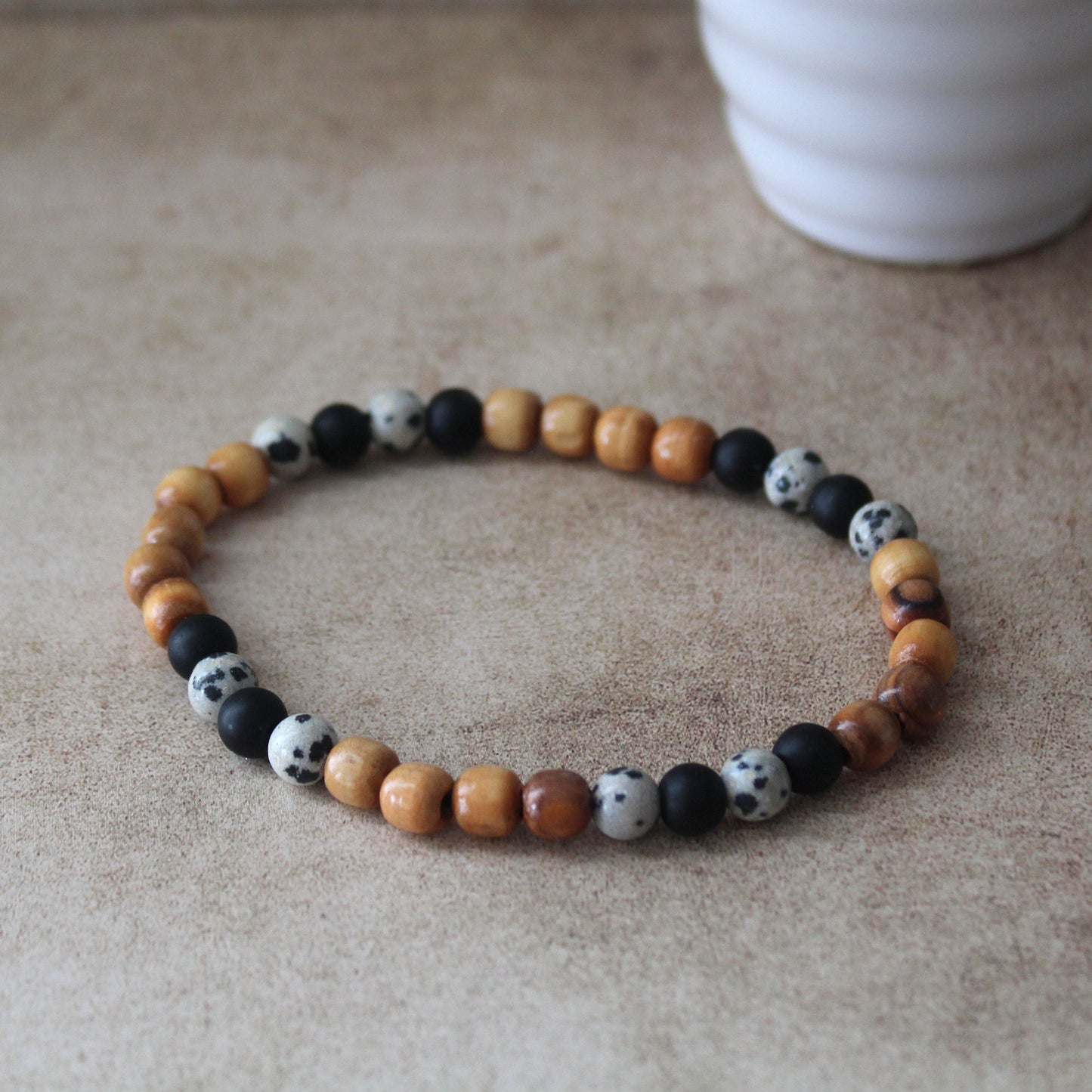 Dalmatian Jasper Protection Bracelet with Olive Wood Beads - Handcrafted Hebrew Unisex Jewelry