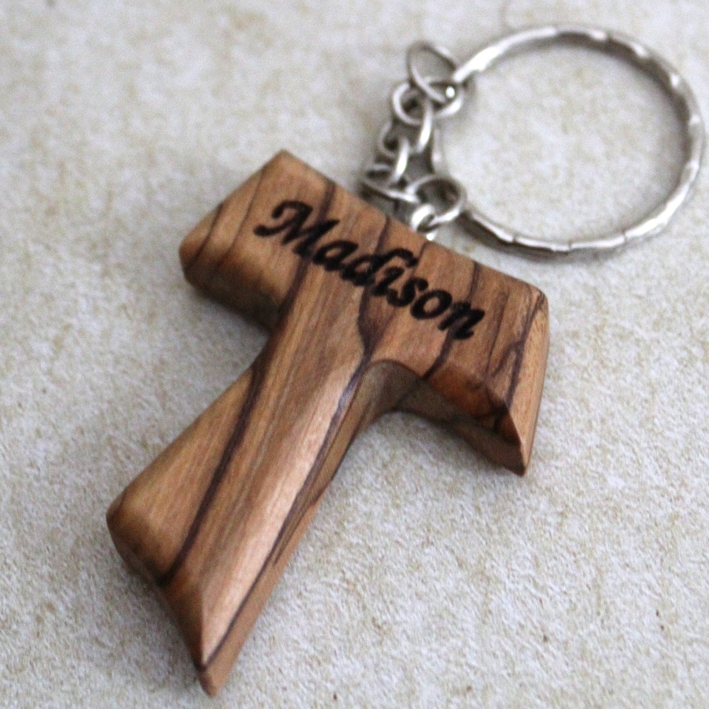 Personalized Handmade Tau Cross Keychain, Olive Wood Christian Keychain, Made in Jerusalem Holy Land, Wooden Cross Unique Keychain Gift