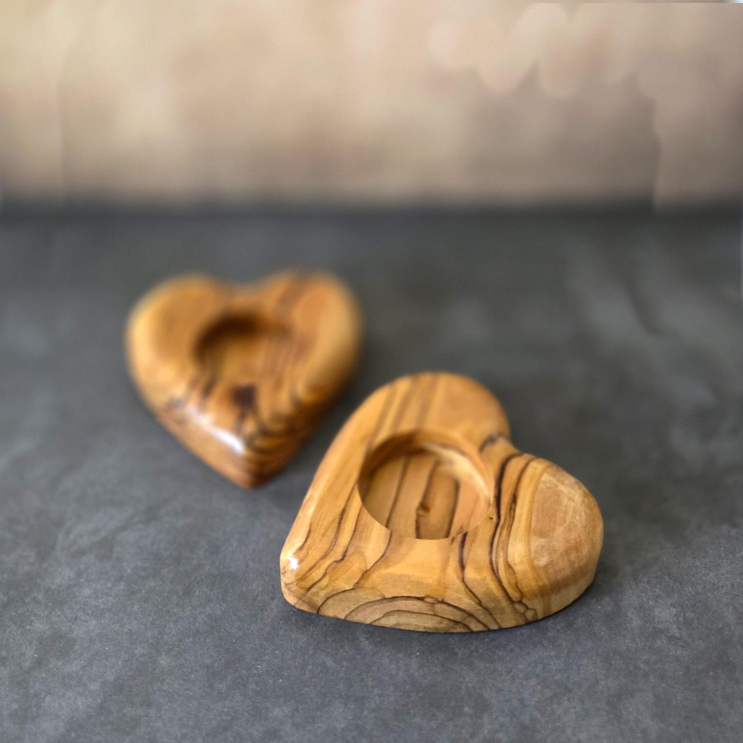 Get 2 Hearts Shape Tealight, Handmade Wooden Candle Holder From Olive Wood, Hand Carved Tealight Holder, Handmade in the Holyland Jerusalem