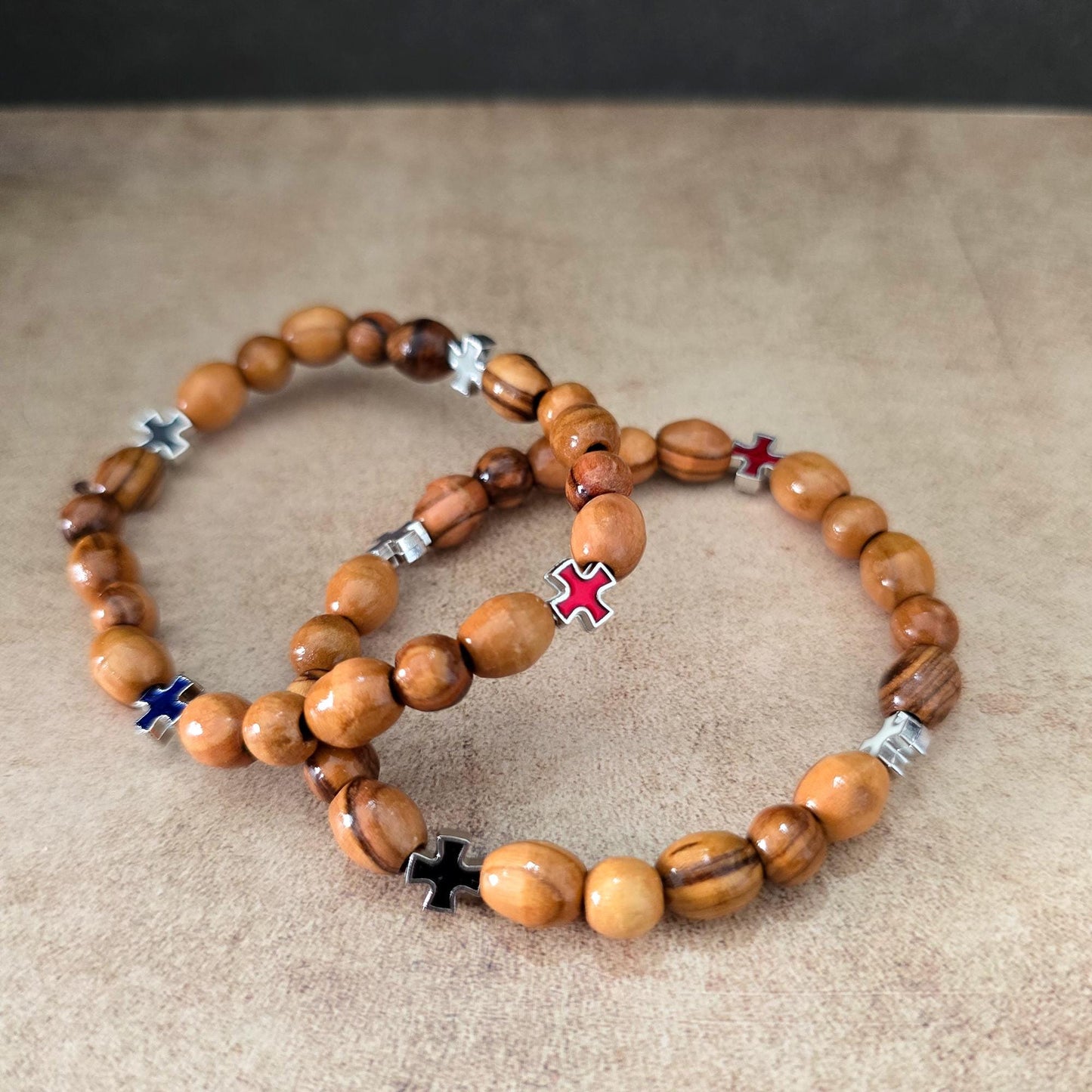 Get Two Olive Wood Handmade Beads Bracelet, Colorful Icons of Crosses, Made in the Holy Land Jerusalem