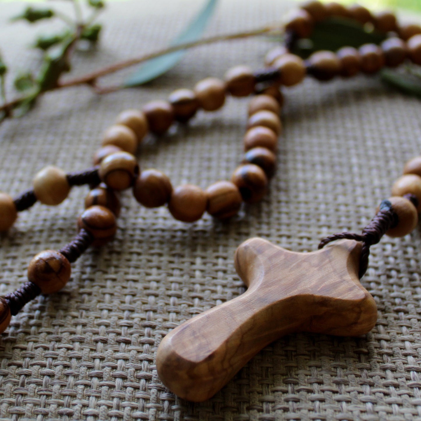 Get Two 9-10mm Beads, Olive Wood Cross Beaded Necklace, Handmade Smooth Round Prayer Beads, Holy Land Gift for Her, Rosary Necklace