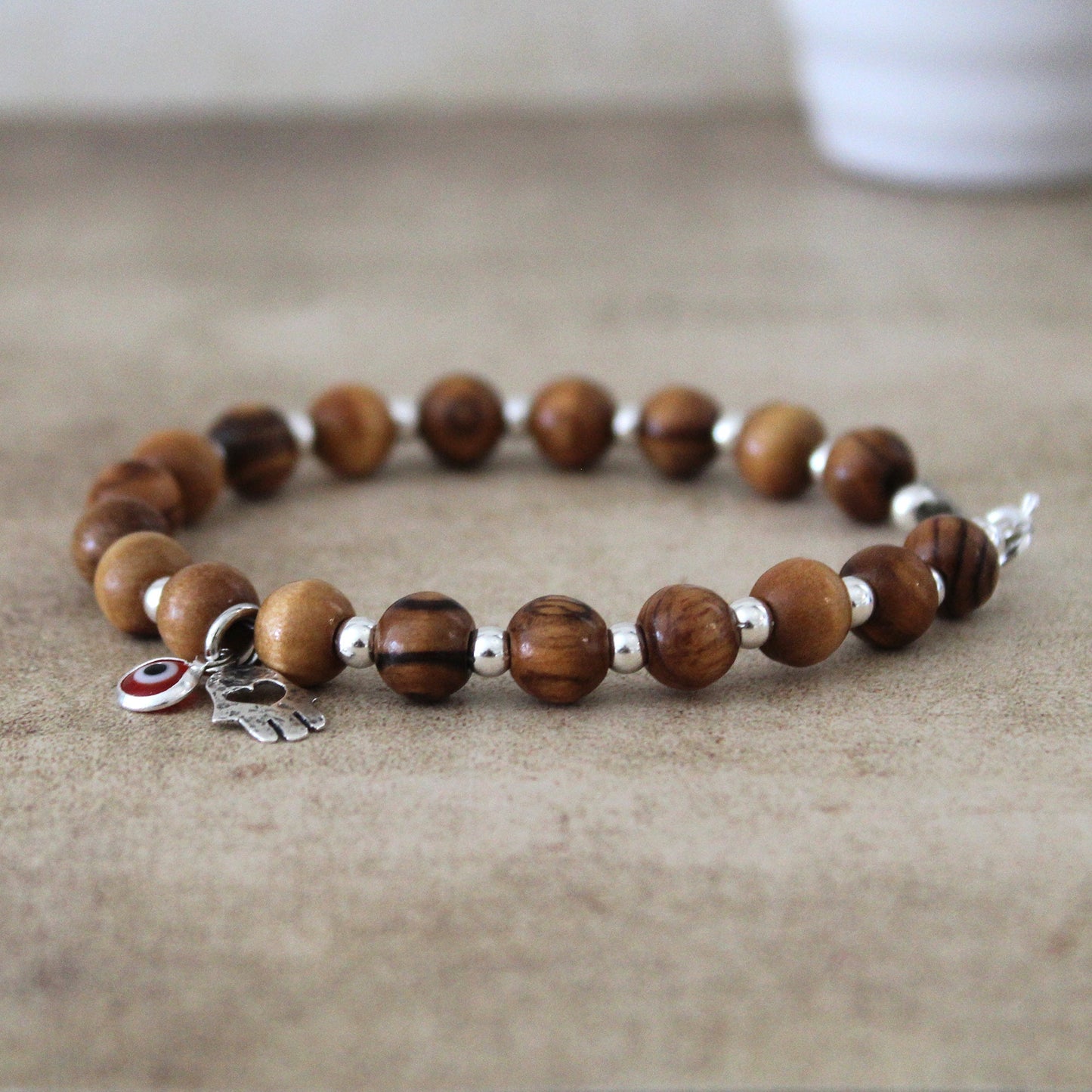 Spiritual Harmony: Handcrafted Olive Wood Charm Bracelet for Energy, Protection & Meditation - Boho Hamsa Design with Red Evil Eye