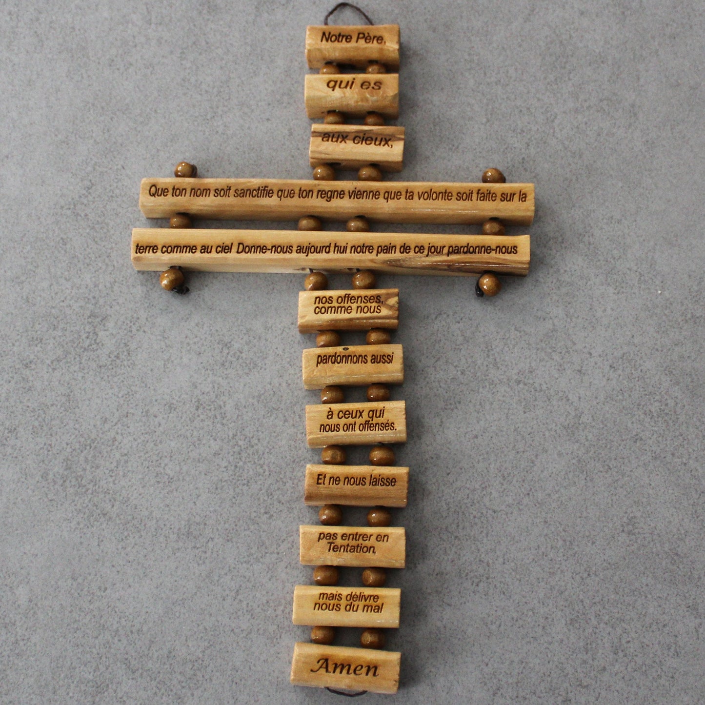 Our Father Prayer in French Engraved, Handmade Olive Wood Cross Wall Hanging, Wooden Blessing Cross for Wedding and Anniversary Gift