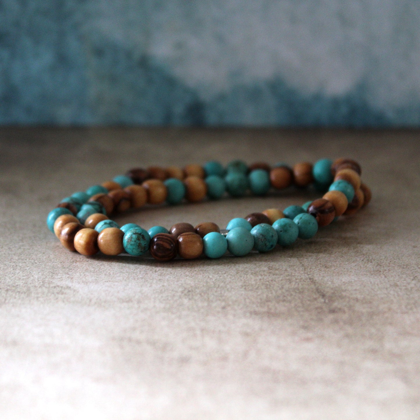 Earthy Double-Strand Stretch Bracelet, Olive Wood & Turquoise Stones