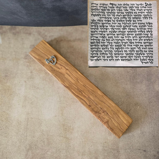 8.6" / 22cm Olive Wood Mezuzah with Silver Shin & a Scroll, Handcrafted Jewish Door Blessing, Perfect Housewarming Gift, Traditional Judaica