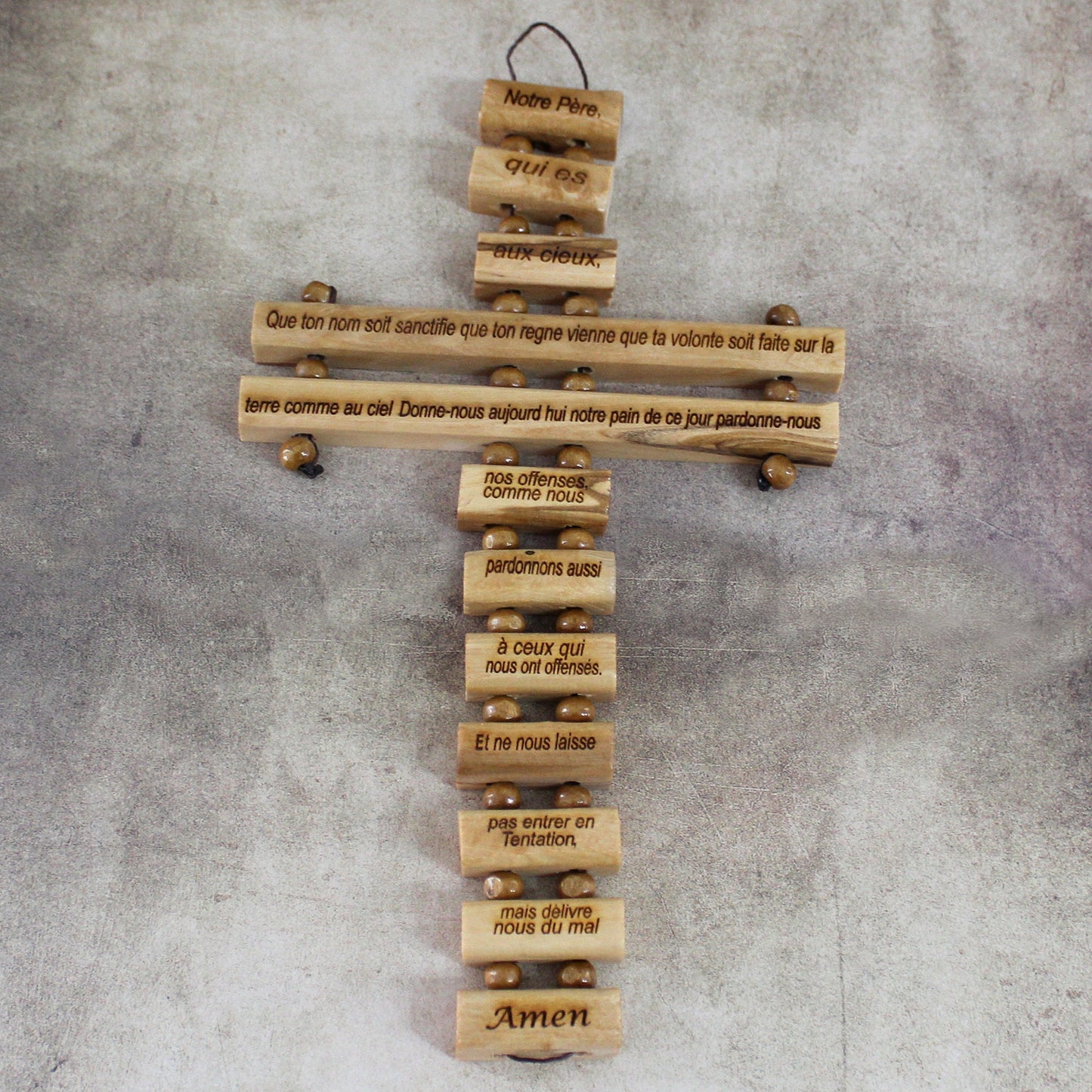 Our Father Prayer in French Engraved, Handmade Olive Wood Cross Wall Hanging, Wooden Blessing Cross for Wedding and Anniversary Gift