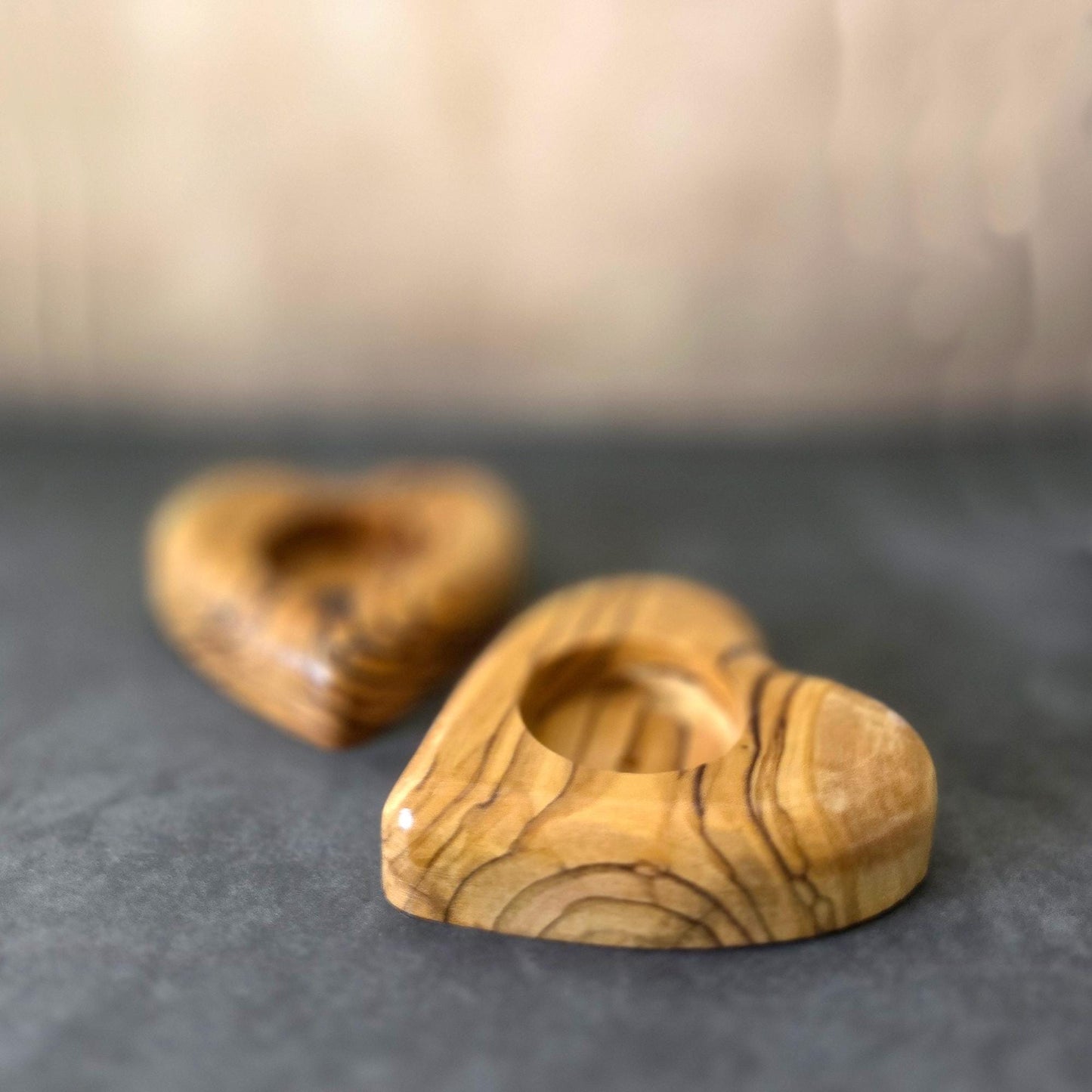 Get 2 Hearts Shape Tealight, Handmade Wooden Candle Holder From Olive Wood, Hand Carved Tealight Holder, Handmade in the Holyland Jerusalem