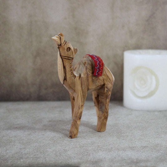 5.5" Olive Wood Camel Statue Hand Carved in the Holy Land Figurine Red Saddle. Handmade in the Holy Land, Jerusalem